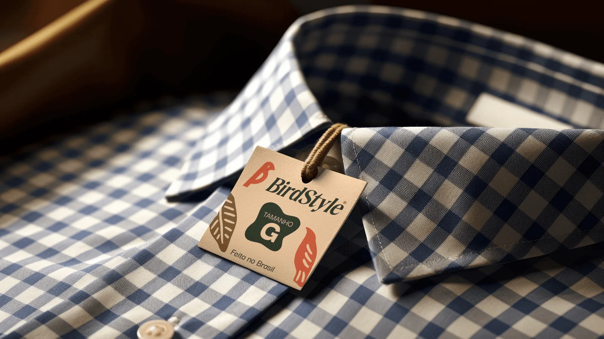 Etiqueta de papel kraft da BirdStyle pendurada no colarinho de uma camisa xadrez azul, com indicação de tamanho e o selo Feito no Brasil