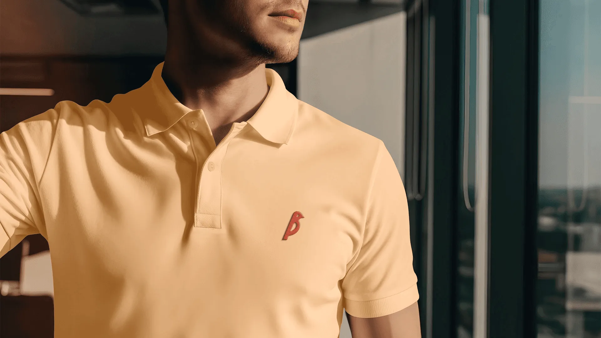 Camisa polo amarela com o símbolo do pássaro da BirdStyle bordado em vermelho no peito